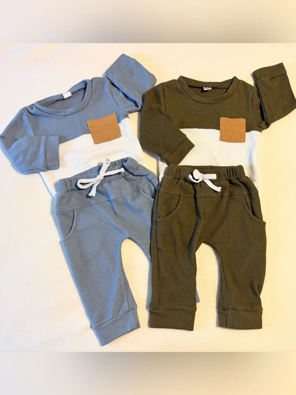 Set of 2 Baby Colorblock Waffle Knit Sweatshirt & Jogger Sets Size 80 (US 6-12m)